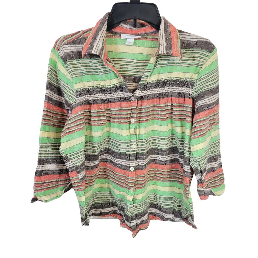 Dressbarn Green‎ Striped Distressed 3/4 Sleeve Button Front Top Women's Size 2X